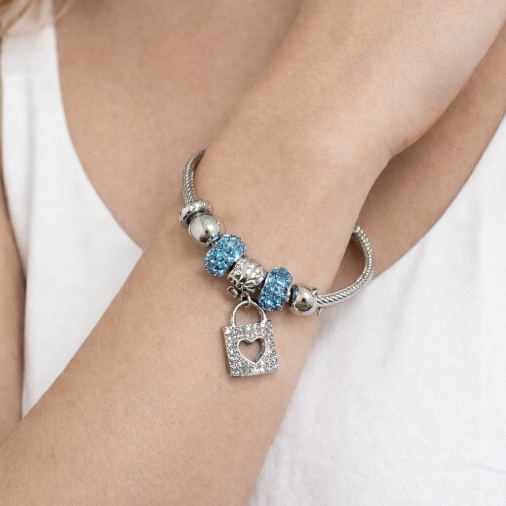 Mint Stainless Steel Heart PadLock Crystals Charm Silvertone Bangle Bracelet NEW